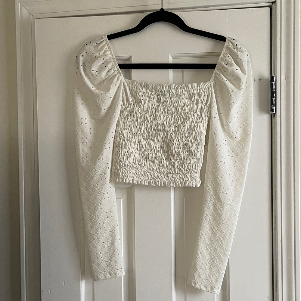 White Smocked Blouse with Eyelet Details